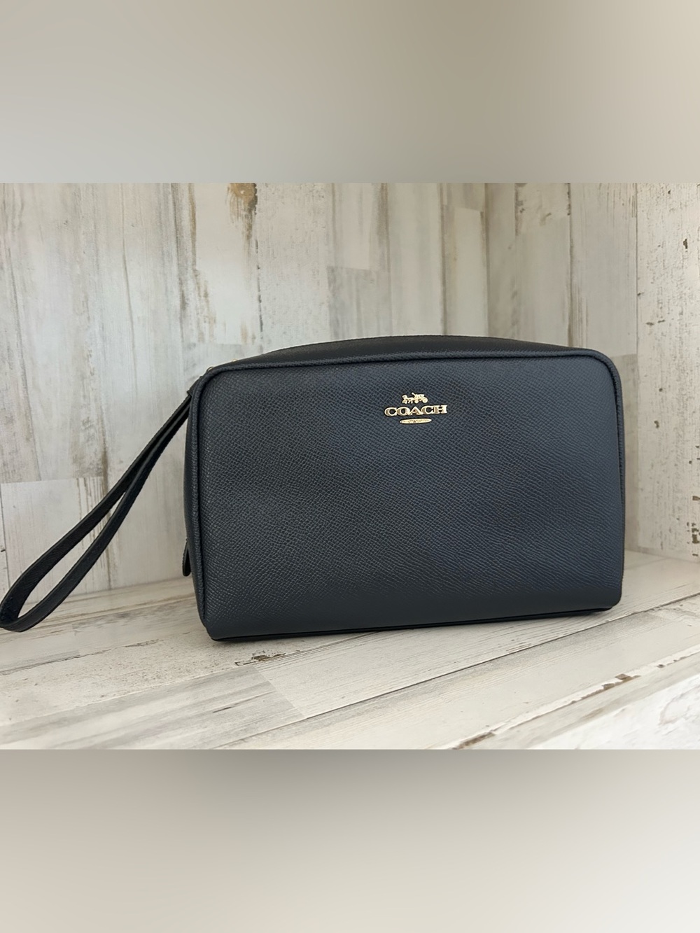 Coach Navy Leather Clutch Bag with Gold Logo